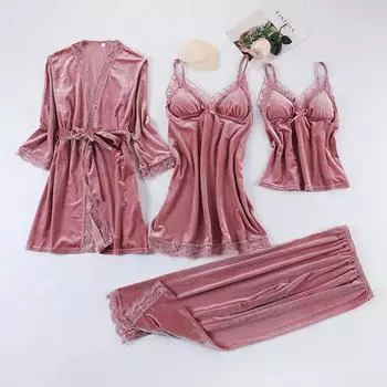 Комплект из четырех предметов, женская пижама, сексуальная кружевная пижама в стиле пэчворк, осенне-зимняя бархатная домашняя одежда, ночная рубашка на подтяжках, халаты, платье M