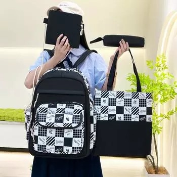 Комплект из четырех рюкзаков для школьников средней школы, школьный рюкзак в клетку, женский рюкзак фиолетовый