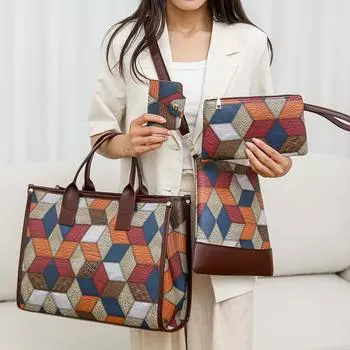 Комплект из четырех сумок-тоут с вышивкой, женская контрастная цветная сумка, большая вместительная сумка через плечо, сумка для мамы коричневый