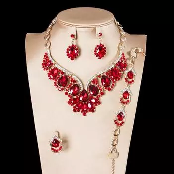 Комплект из четырех украшений, модное ожерелье с драгоценными камнями, комплект серег, женская цепочка на ключицу, платье, аксессуары для банкета. красный