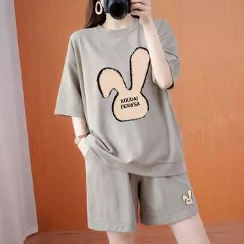 Комплект из чистого хлопка большого размера в повседневном стиле для женщин, летний, для полных, мм, стройнящий, скрывающий недостатки, с коротким рукавом и шортами, омолаживающий, двухпредметный Apricot 3XL [Recommendation 75.00 kg-82.50 kg]]