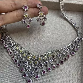 Комплект из цветного циркония, свадебное ожерелье, свадебные аксессуары, женская одежда для ужина, роскошные цветочные серьги, ожерелье, комплект из двух предметов