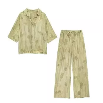 Комплект из длинных брюк из льна с принтом тай-дай, женские однобортные рубашки с отворотом и коротким рукавом, широкие брюки на шнурке, комплект из двух предметов XXS зелёный