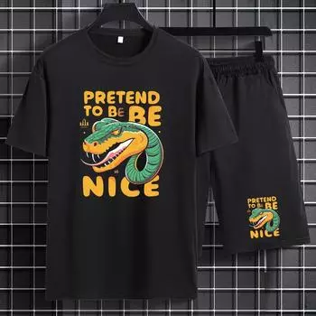 Комплект из двух больших мужских футболок с короткими рукавами и шорт с рисунком змеи из мультфильма S