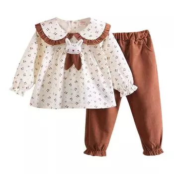 Комплект из двух частей для девочек: топ, брюки, круглый вырез, свитер, длинные рукава, брюки 100 коричневый