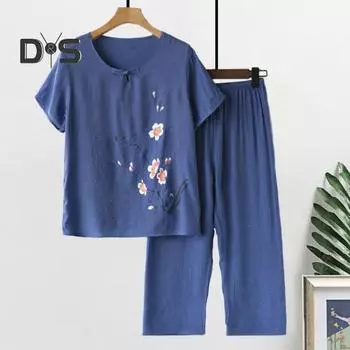 Комплект из двух частей из хлопка и льна для пожилых женщин, свободный цветочный топ с короткими рукавами и круглым вырезом, а также широкие брюки, повседневная домашняя одежда XL зелёный