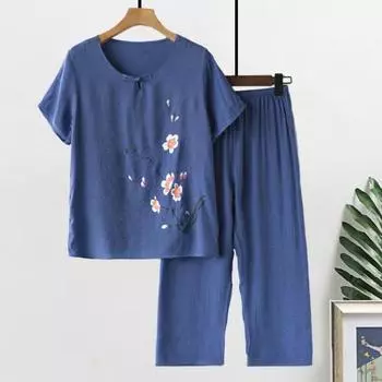Комплект из двух частей из хлопка и льна для пожилых женщин, свободный цветочный топ с короткими рукавами и круглым вырезом, а также широкие брюки, повседневная домашняя одежда XL зелёный