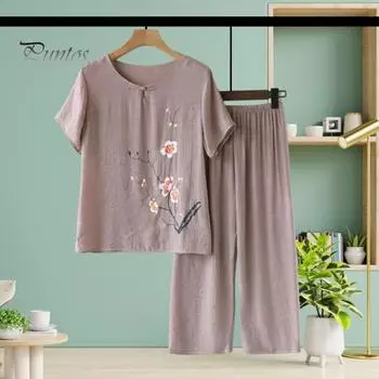Комплект из двух частей из хлопка и льна для пожилых женщин, свободный цветочный топ с короткими рукавами и круглым вырезом, а также широкие брюки, повседневная домашняя одежда XL синий