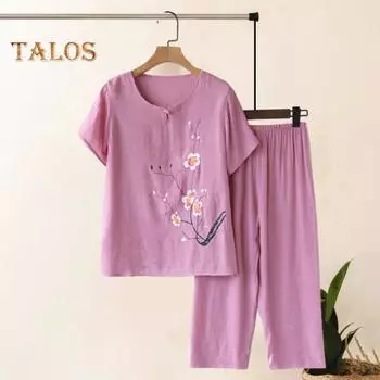 Комплект из двух частей из хлопка и льна для пожилых женщин, свободный цветочный топ с короткими рукавами и круглым вырезом, а также широкие брюки, повседневная домашняя одежда XL синий