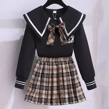 Комплект из двух частей: плиссированная юбка-свитер для девочек на весну и осень в студенческом стиле 150cm бежевый