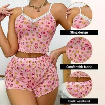 Комплект из двух частей розовой сетчатой пижамы для женщин с короткими топами и шортами с принтом, повседневный женский пижамный комплект XS розовый