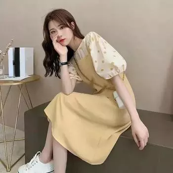 Комплект из двух частей с рукавами-фонариками, платье-футболка А-силуэта, платья для отдыха на подтяжках для женщин и девочек S жёлтый