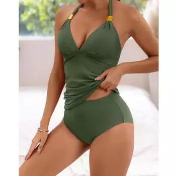 Комплект из двух частей с V-образным вырезом на шее, танкини, однотонные эластичные купальники с высоким вырезом, женская одежда для плавания и купальники S армия зеленый