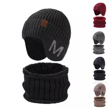 Комплект из двух частей: шапка, шарф, мужская зимняя, утепленная, для защиты ушей, для улицы хаки