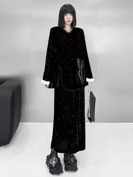 Комплект из двух частей XITAO с расклешенным верхом и бархатной юбкой GYX1063 L чёрный