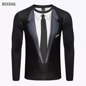 Комплект из двух футболок для мужчин из искусственного материала, повседневная футболка с 3D-принтом на воротнике, свободная хлопковая футболка с круглым вырезом и длинными рукавами, искусственный S