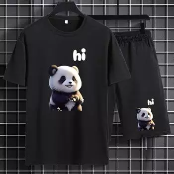 Комплект из двух футболок с круглым вырезом с короткими рукавами и спортивных шорт с милым принтом панды S