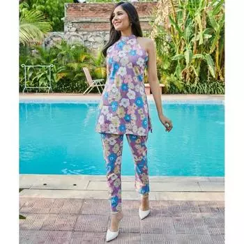 Комплект из двух предметов без рукавов Violet Blossom: Цветочная элегантность в моде S фиолетовый