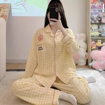 Комплект из двух предметов: брюки с длинными рукавами из чистого хлопка с рисунком из мультфильма, женская пижама из мультфильма, шелковая пижама, женский комплект домашней одежды M