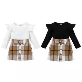Комплект из двух предметов для девочек 1–6 лет: однотонные топы и клетчатая юбка с бантом 110