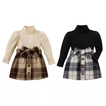 Комплект из двух предметов для девочек до 4 лет, однотонные топы с высоким воротником и клетчатая юбка с бантом 90