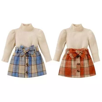 Комплект из двух предметов для девочек до 4 лет, однотонные топы с высоким воротником и клетчатая юбка 110