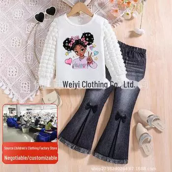 Комплект из двух предметов для девочек: топ с рукавами-фонариками и расклешенные брюки из денима 8Y белый