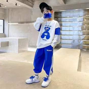 Комплект из двух предметов для мальчиков: свитер с круглым вырезом и цветными вставками на весну и осень + повседневные брюки на шнурке 160