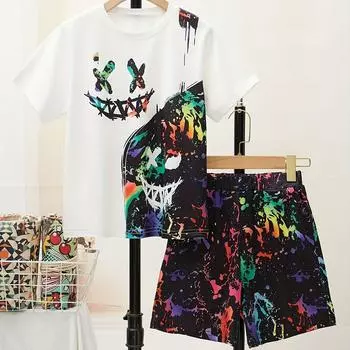 Комплект из двух предметов для мальчиков: повседневная футболка с короткими рукавами и шорты с цветным принтом смайлика в виде брызг и 3D-графики 100cm