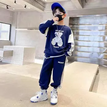 Комплект из двух предметов для мальчиков: свитер с круглым вырезом и цветными вставками на весну и осень + повседневные брюки на шнурке 160