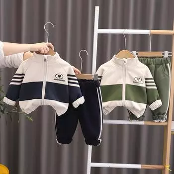 Комплект из двух предметов для мальчиков, детская одежда для мальчиков, весенняя одежда с цветными блоками, повседневная куртка на молнии, детский комплект из кардигана с длинными рукавами на весну и осень S темно-синий