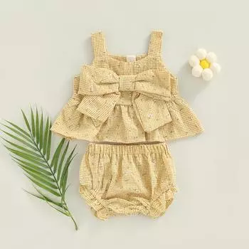 Комплект из двух предметов для младенцев, шорты без рукавов в клетку с цветочным узором и бантом, бретельки с эластичной резинкой на талии 0-3 Months жёлтый