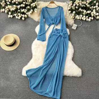 Комплект из двух предметов для отпуска, женский, с длинным рукавом, V-образным вырезом, коротким топом, регулируемой талией, разрезом, длинной юбкой, трикотажный летний пляжный костюм One Size кофейный