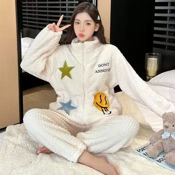 Комплект из двух предметов для сна для молодой девушки, осенне-зимние фланелевые пижамные комплекты, женская флисовая утолщенная пижама с застежкой-молнией и принтом в виде мультфильма, милая домашняя одежда M