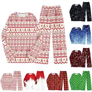Комплект из двух предметов для взрослых с рождественским принтом, топ с круглым вырезом и длинными рукавами, брюки на резинке, пижамный комплект, костюм для отдыха M чёрный