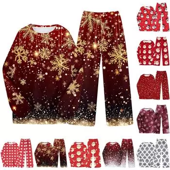 Комплект из двух предметов для взрослых с рождественским принтом, топ с круглым вырезом и длинными рукавами, брюки на резинке, пижамный комплект, костюм для отдыха S