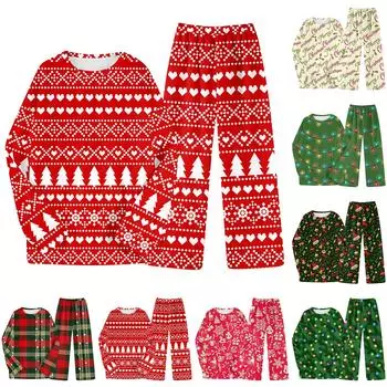 Комплект из двух предметов для взрослых с рождественским принтом, топ с круглым вырезом и длинными рукавами, брюки на резинке, пижамный комплект, костюм для отдыха M кофейный