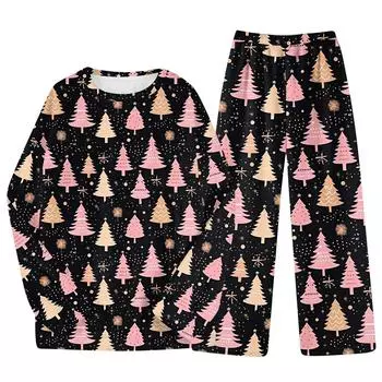 Комплект из двух предметов для взрослых с рождественским принтом, топ с круглым вырезом и длинными рукавами, брюки на резинке, пижамный комплект, костюм для отдыха S красный