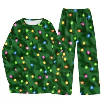 Комплект из двух предметов для взрослых с рождественским принтом, топ с круглым вырезом и длинными рукавами, брюки на резинке, пижамный комплект, костюм для отдыха S кофейный