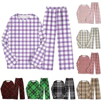 Комплект из двух предметов для взрослых, топ с круглым вырезом и длинными рукавами, эластичные брюки, пижамный комплект, костюм для отдыха L