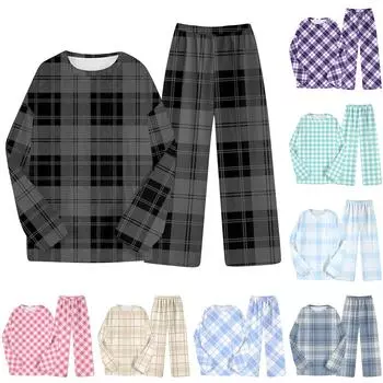 Комплект из двух предметов для взрослых, топ с круглым вырезом и длинными рукавами, эластичные брюки, пижамный комплект, костюм для отдыха L чёрный