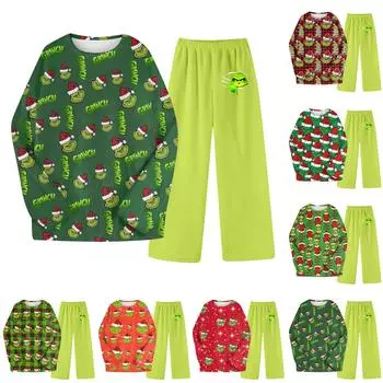 Комплект из двух предметов для взрослых, топ с круглым вырезом и длинными рукавами, эластичные брюки, пижамный комплект, костюм для отдыха L армия зеленый