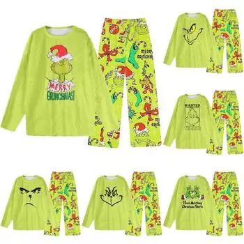 Комплект из двух предметов для взрослых, топ с круглым вырезом и длинными рукавами, эластичные брюки, пижамный комплект, костюм для отдыха M зелёный