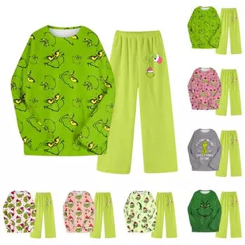 Комплект из двух предметов для взрослых, топ с круглым вырезом и длинными рукавами, эластичные брюки, пижамный комплект, костюм для отдыха M