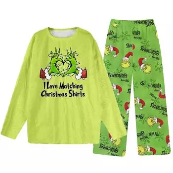 Комплект из двух предметов для взрослых, топ с круглым вырезом и длинными рукавами, эластичные брюки, пижамный комплект, костюм для отдыха S зелёный