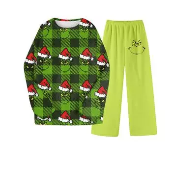 Комплект из двух предметов для взрослых, топ с круглым вырезом и длинными рукавами, эластичные брюки, пижамный комплект, костюм для отдыха S зелёный