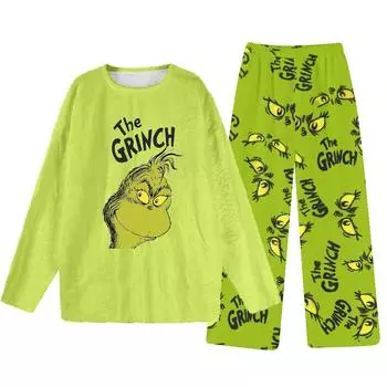 Комплект из двух предметов для взрослых, топ с круглым вырезом и длинными рукавами, эластичные брюки, пижамный комплект, костюм для отдыха S зелёный