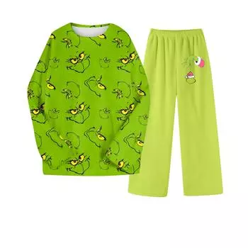 Комплект из двух предметов для взрослых, топ с круглым вырезом и длинными рукавами, эластичные брюки, пижамный комплект, костюм для отдыха S