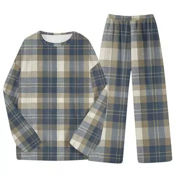 Комплект из двух предметов для взрослых, топ с круглым вырезом и длинными рукавами, эластичные брюки, пижамный комплект, костюм для отдыха S темно-синий