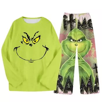 Комплект из двух предметов для взрослых, топ с круглым вырезом и длинными рукавами, эластичные брюки, пижамный комплект, костюм для отдыха S зелёный